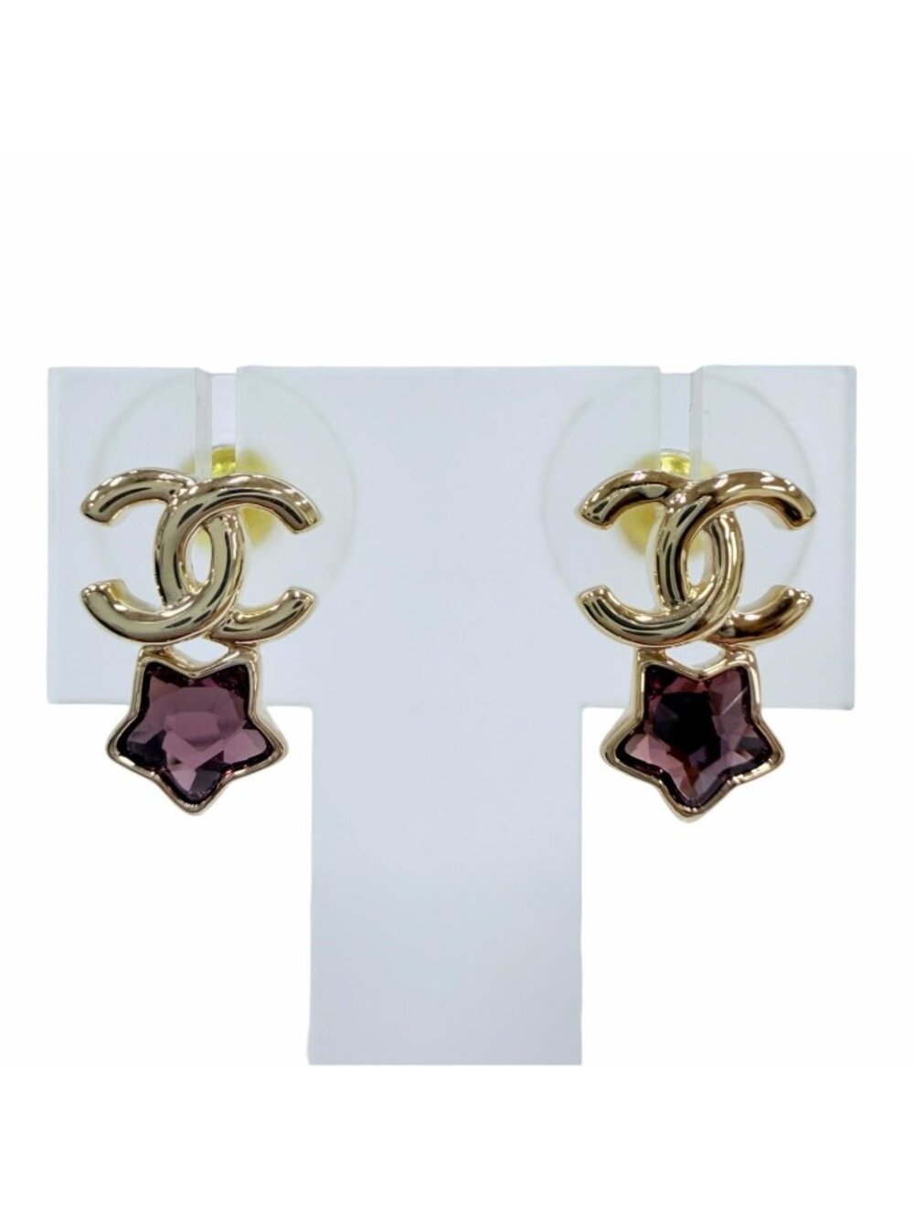 Chanel CC Logo Star Crystal Bijou Earrings Gold Pink